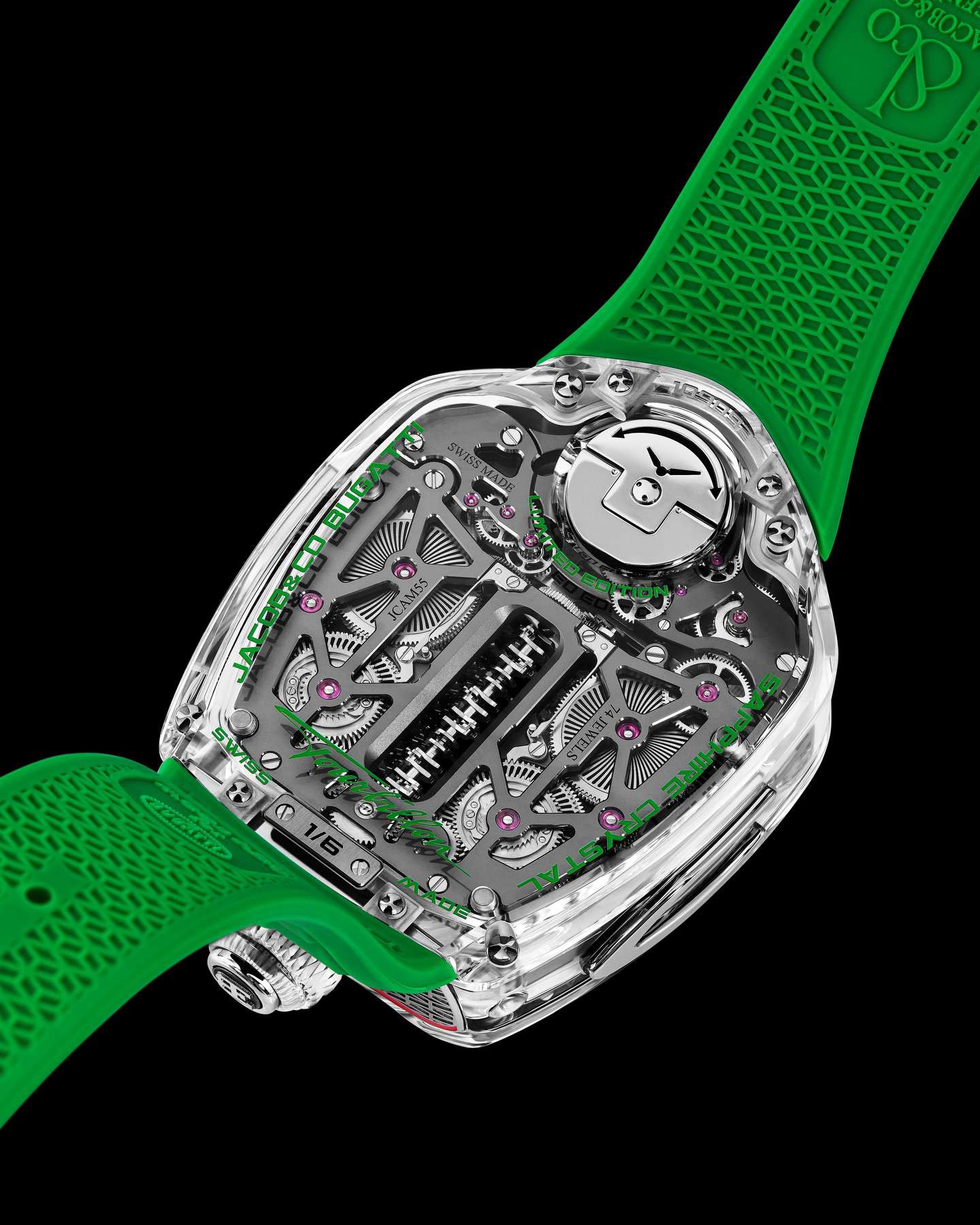 Case back of the Tourbillon showing the skeletonised movement